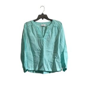 H By HALSTON Medium Blouse Women 100% Linen Mint Blue V-Neck Long Sleeve Top